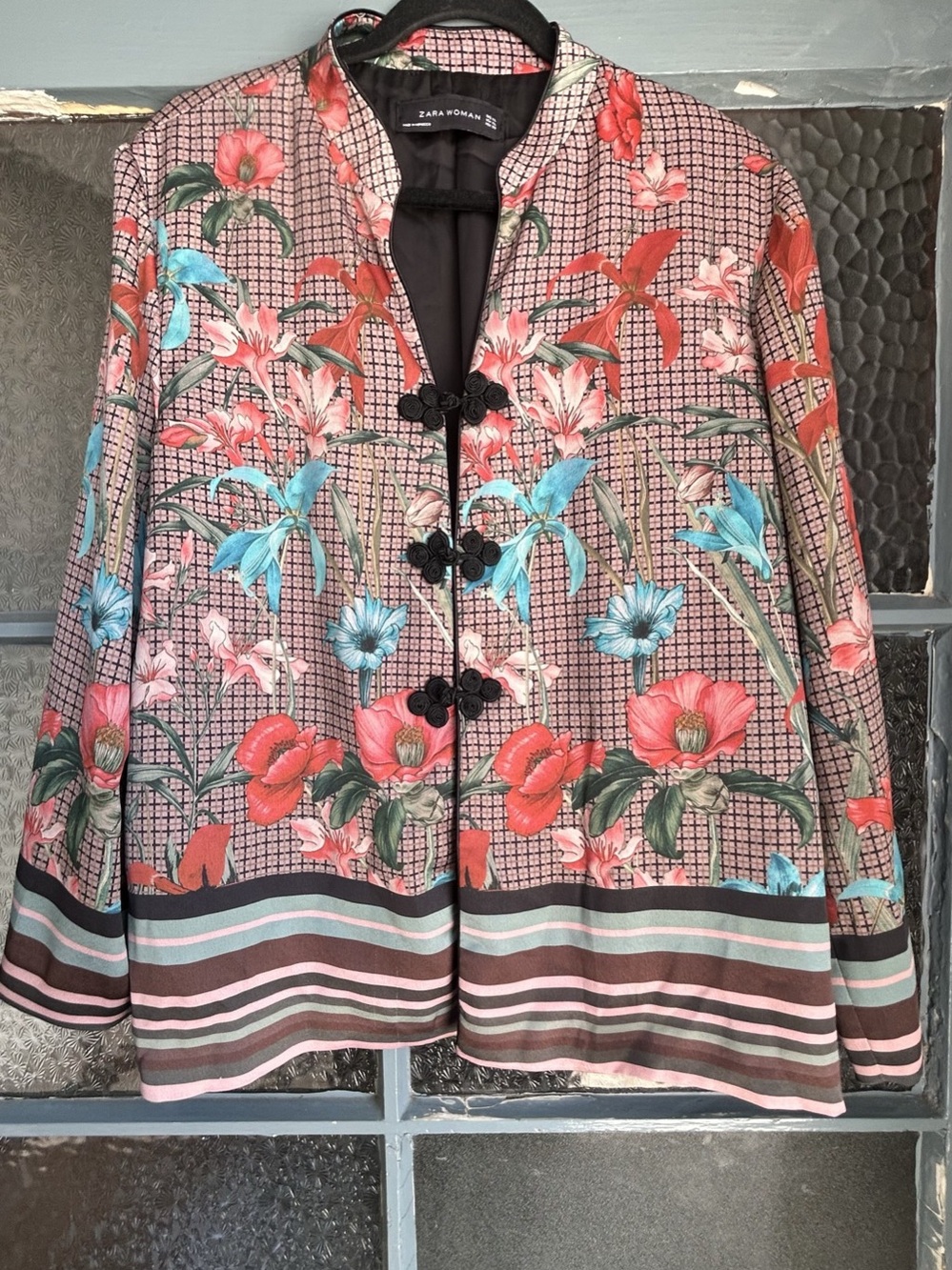 Zara Woman Floral Chinoiserie Mandarin Frog Closure Jacket Blazer M